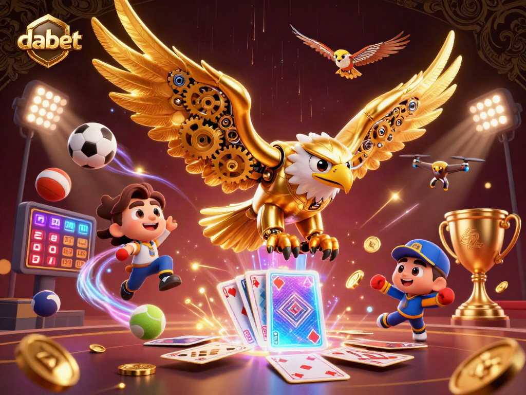 Dabet showcases a golden eagle flying through holographic cards amidst vibrant casino games.