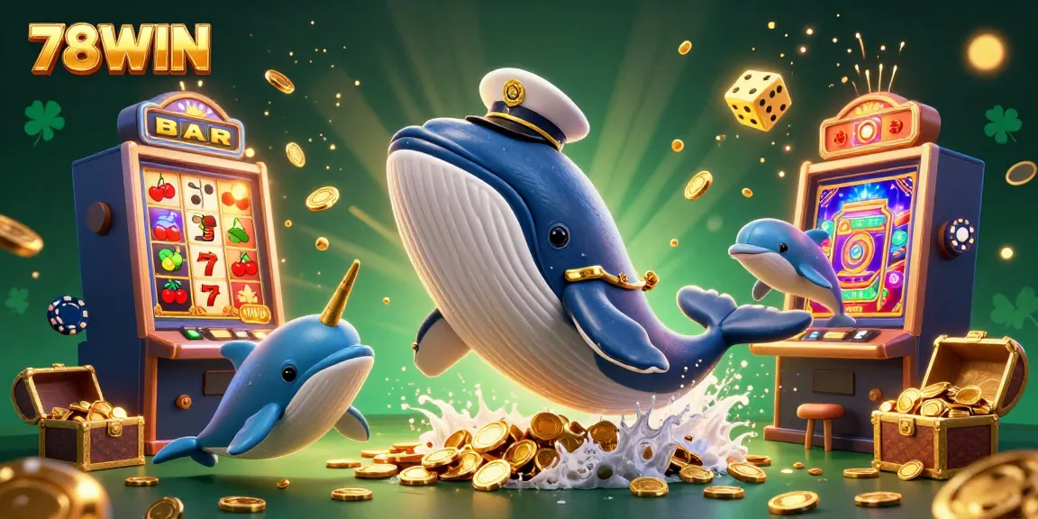 Experience thrilling gameplay at 78WIN with playful dolphins and a bounty of coins in a vibrant casino scene.