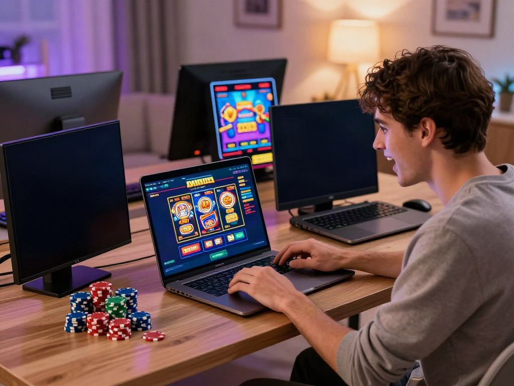 User engaging with the DA88 online gaming platform, showcasing sports betting and casino games in a vibrant home setting.