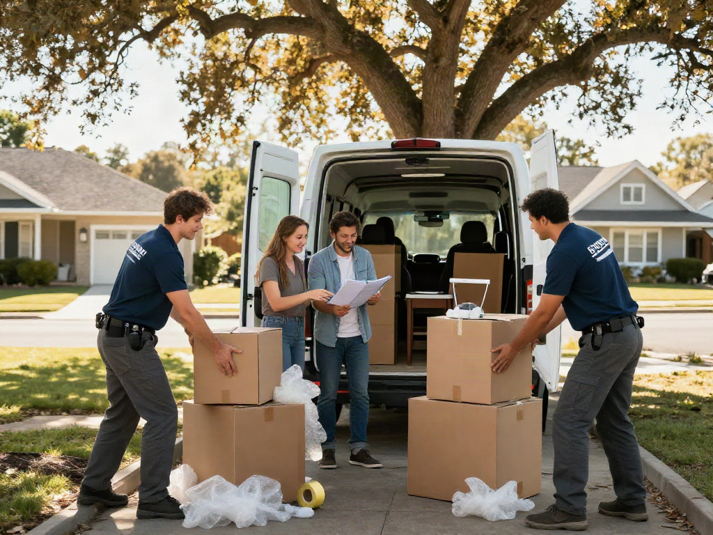 House movers Luton loading boxes during a sunny move in a friendly suburban neighbourhood.