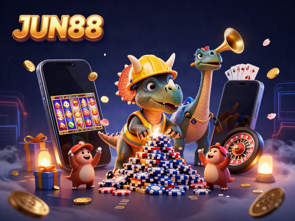 Experience gaming excitement at JUN88 with a vibrant, celebratory casino scene featuring dynamic characters and action