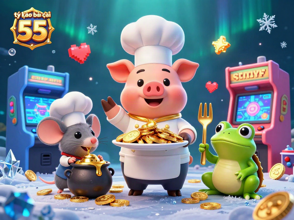 Exciting illustration for tỷ lệ kèo nhà cái 55 showcasing a chef pig serving gold coins in a vibrant casino scene.