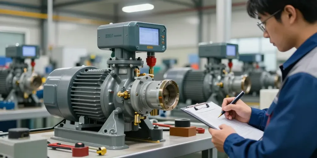 Technician examines water pump pressure switch in an industrial workshop, ensuring quality control.
