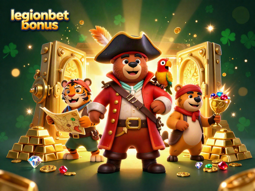 Explore the legionbet bonus with exciting rewards, jewels, and animated casino characters in a vibrant scene.