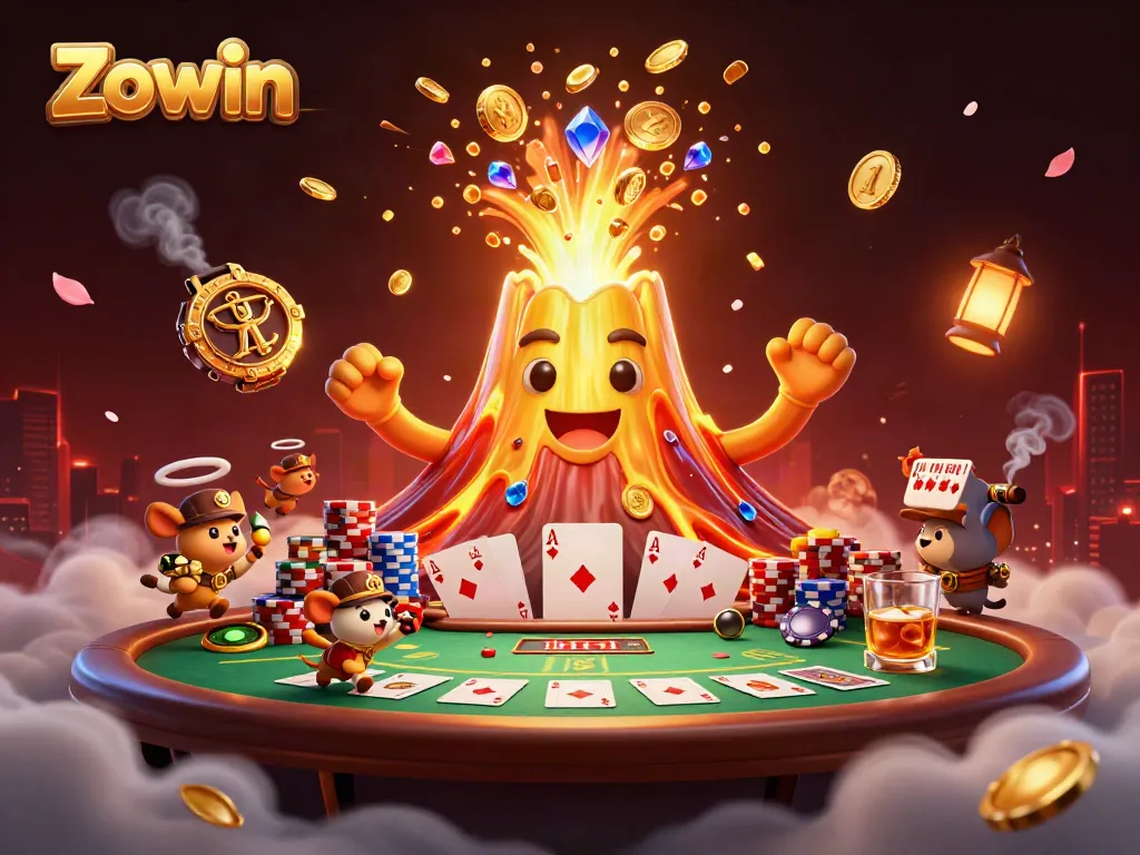 Experience Zowin with a triumphant volcano erupting treasure in a vibrant casino scene.