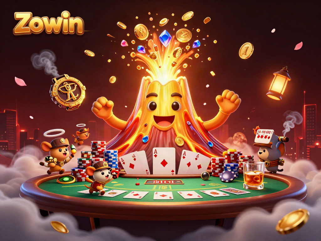 Experience Zowin with a triumphant volcano erupting treasure in a vibrant casino scene.