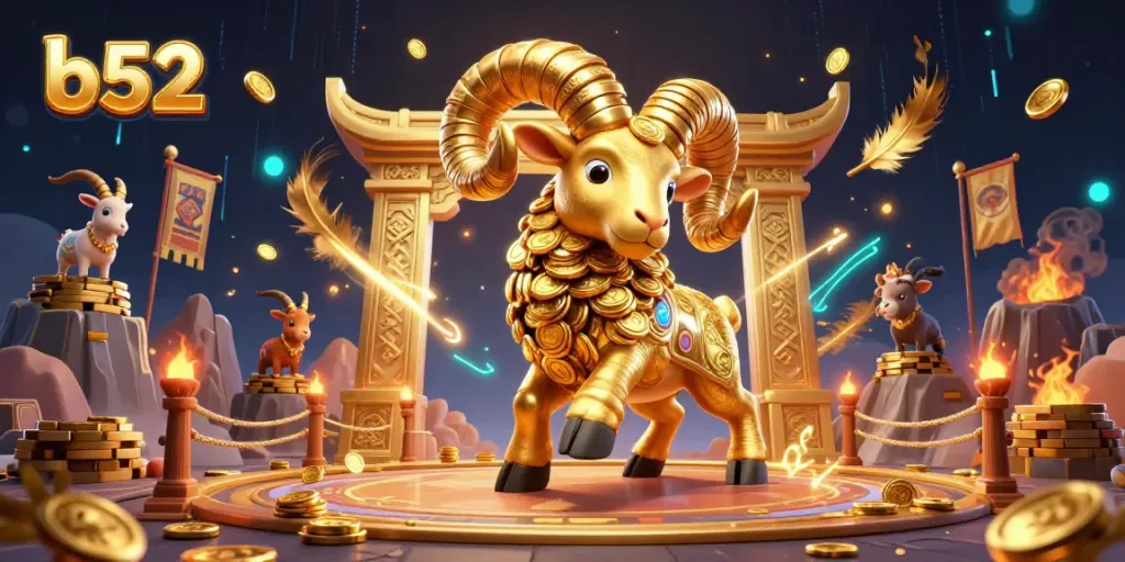 Join the b52 action with a golden ram headbutting a gate amid swirling casino elements and vibrant energy.