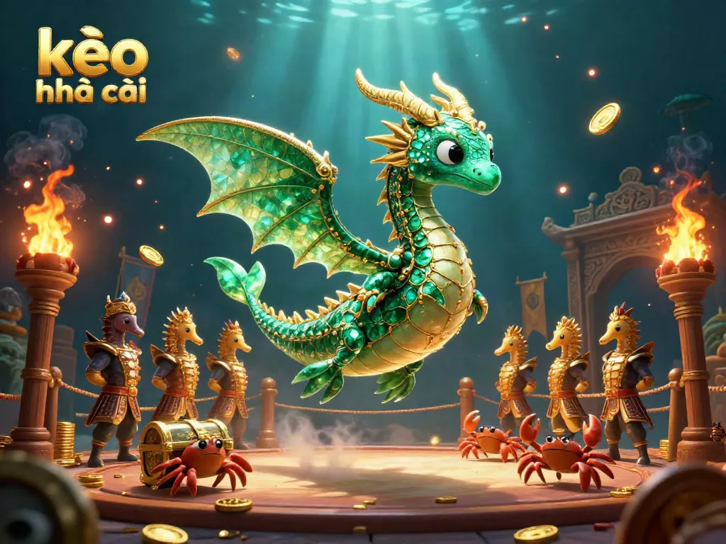 Kèo nhà cái offers expert insights into betting odds, illustrated with a colorful sea dragon and treasure scene.