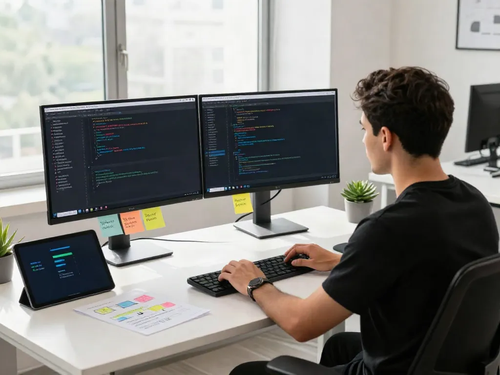 Developer utilizing instant indexing tools in a modern workspace.