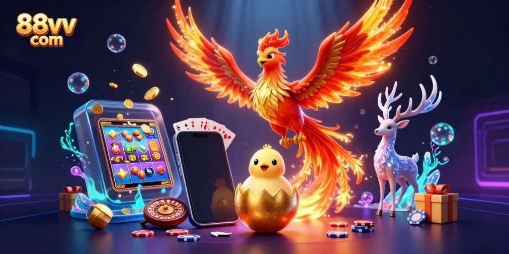 Experience the thrill of 88vv com as the fire phoenix and baby hatch amidst vibrant casino elements.