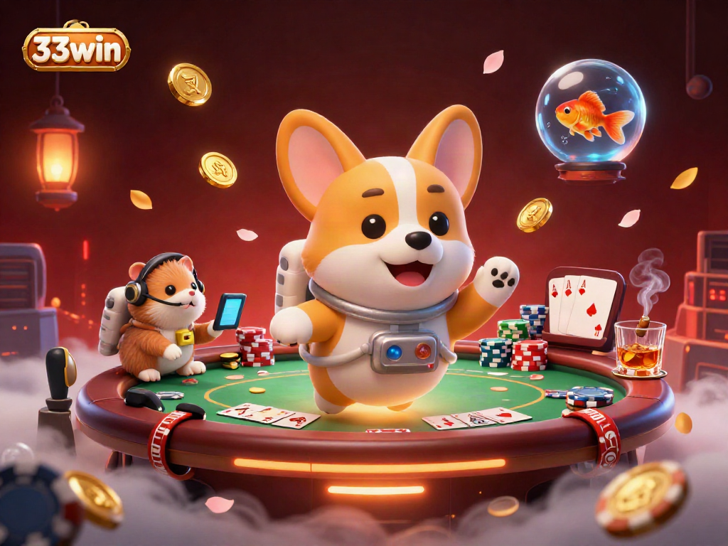 Engage with 33win in a colorful space casino with a 3D astronaut corgi, poker chips, and golden coins.