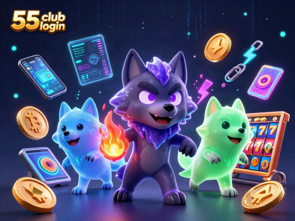 Experience seamless 55 club login with a cartoon wolf leading a dynamic casino scene filled with vibrant elements.