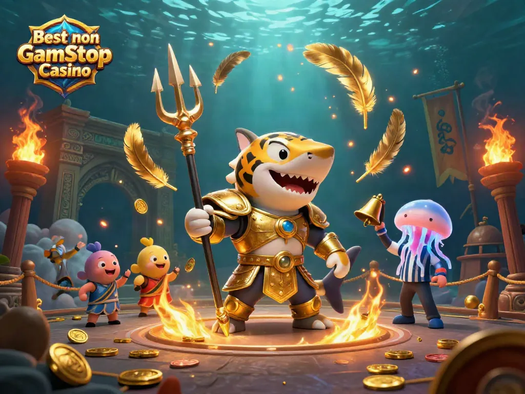 Experience the Best non Gamstop Casino adventure with a fierce tiger shark and vibrant underwater scene.