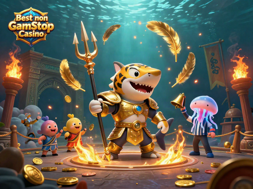 Experience the Best non Gamstop Casino adventure with a fierce tiger shark and vibrant underwater scene.