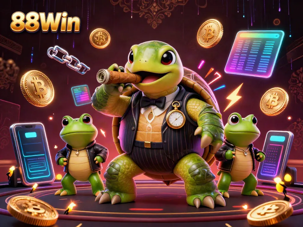 Engaging 88Win casino scene with a snapping turtle and bullfrogs among glowing crypto elements and casino lights.