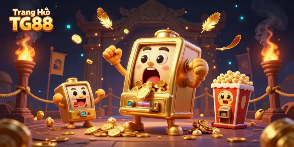 Experience the excitement of Trang Chủ TG88 as a golden slot machine hits the jackpot, surrounded by cheering machines and vibrant casino elements.