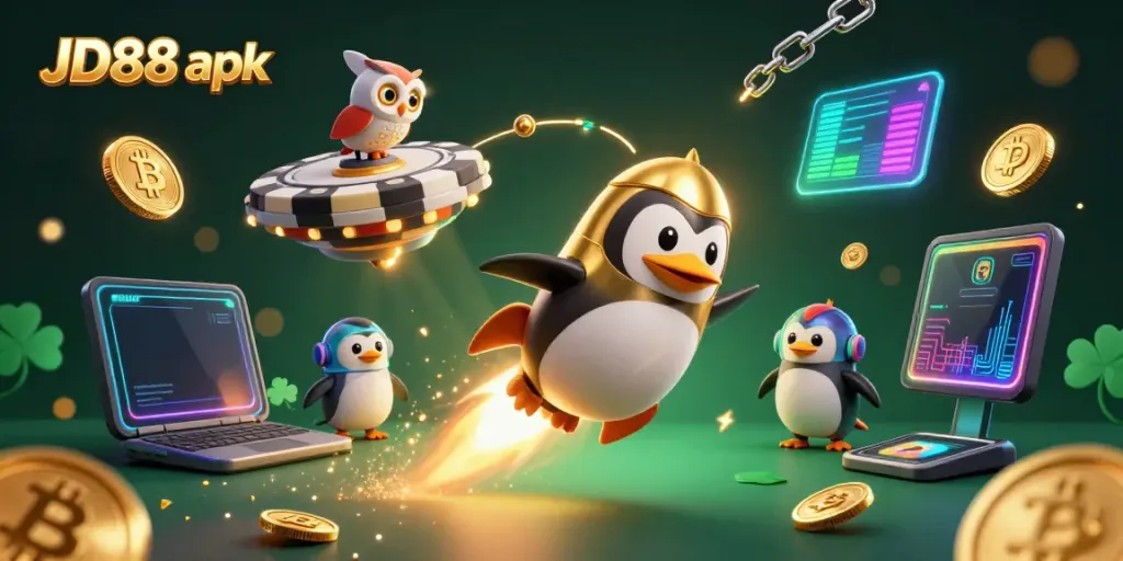 Engage in thrilling gameplay with JD88 apk, featuring a golden penguin and a vibrant casino space station.
