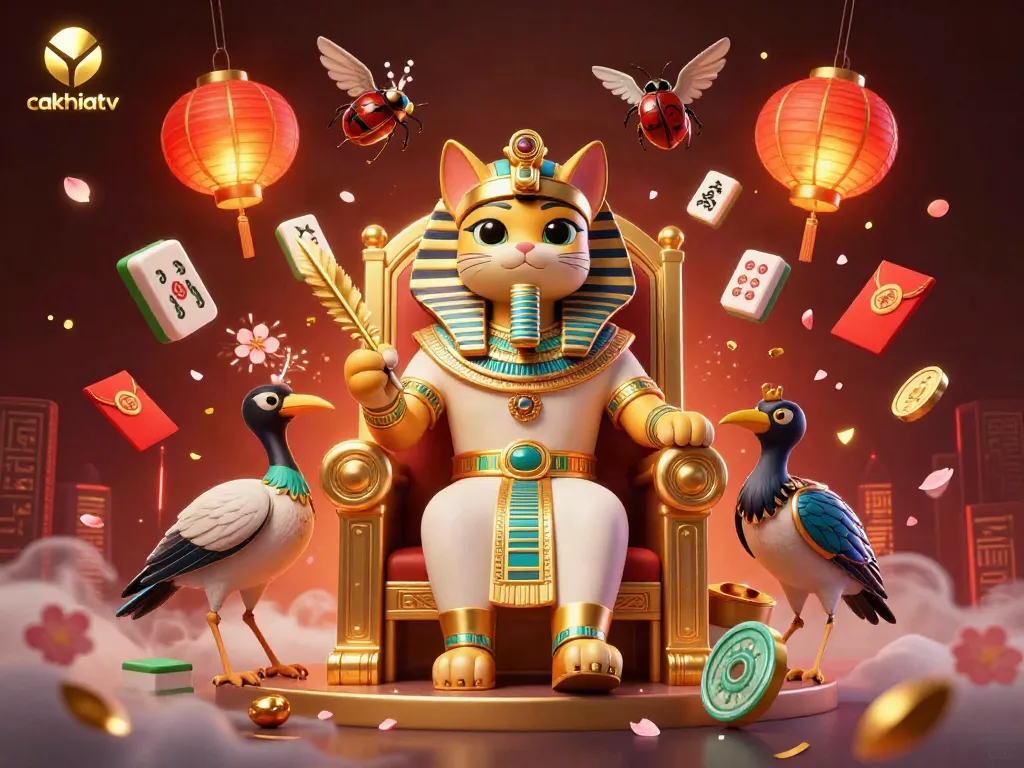 Cakhiatv showcases an Egyptian pharaoh cat in an opulent casino setting with festive elements.