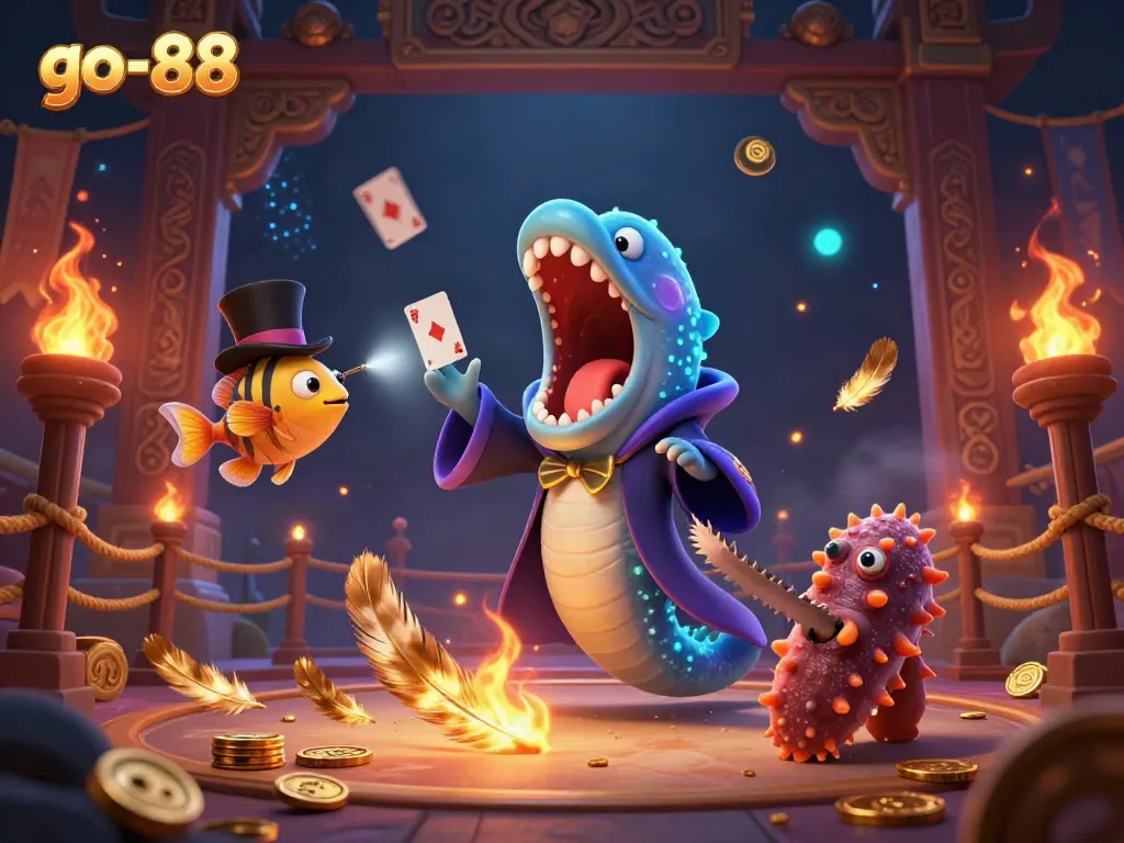 Experience excitement at go-88 with a 3D magical underwater casino scene, featuring vibrant creatures.