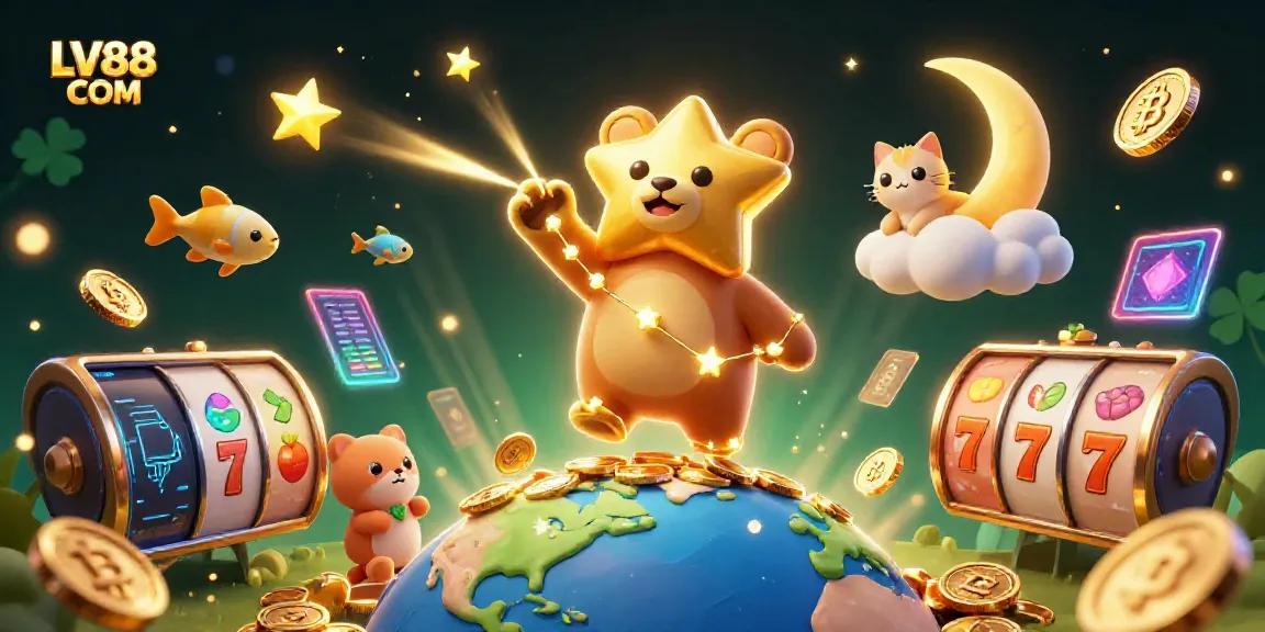 Experience the thrill of gambling with LV88 COM, featuring a golden constellation bear, shining coins, and vibrant game symbols.