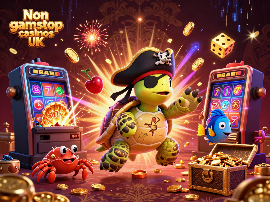 Engaging scene featuring Non gamstop casinos UK with cartoon characters and casino games.