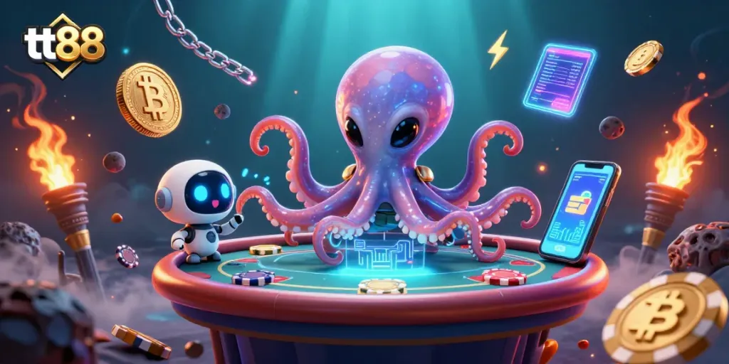 Experience tt88's cosmic poker thrills with an alien octopus and holographic gaming!