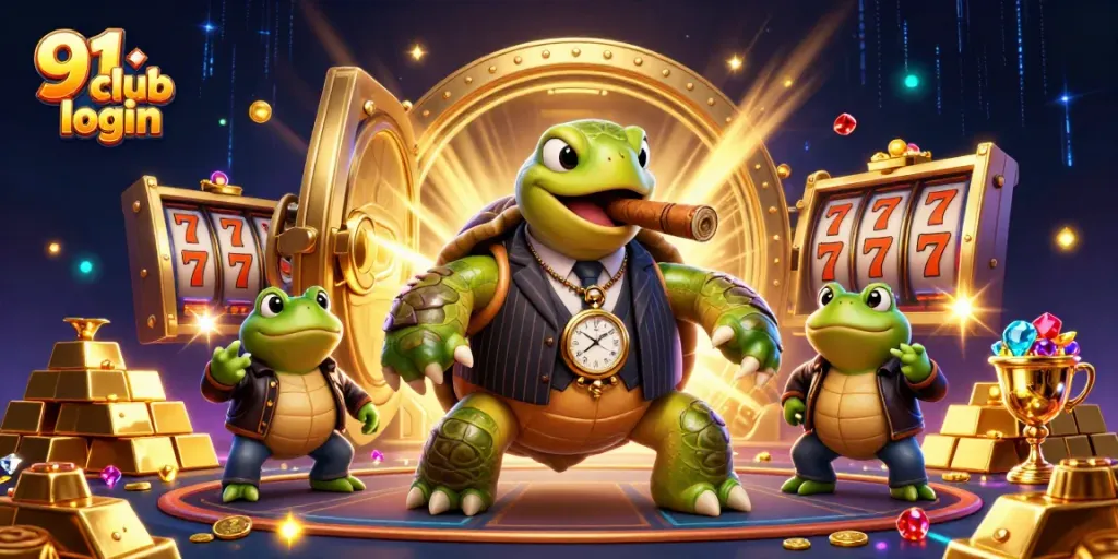 Play exciting games on 91 club login with a turtle, bullfrogs, and treasures in a vibrant casino.