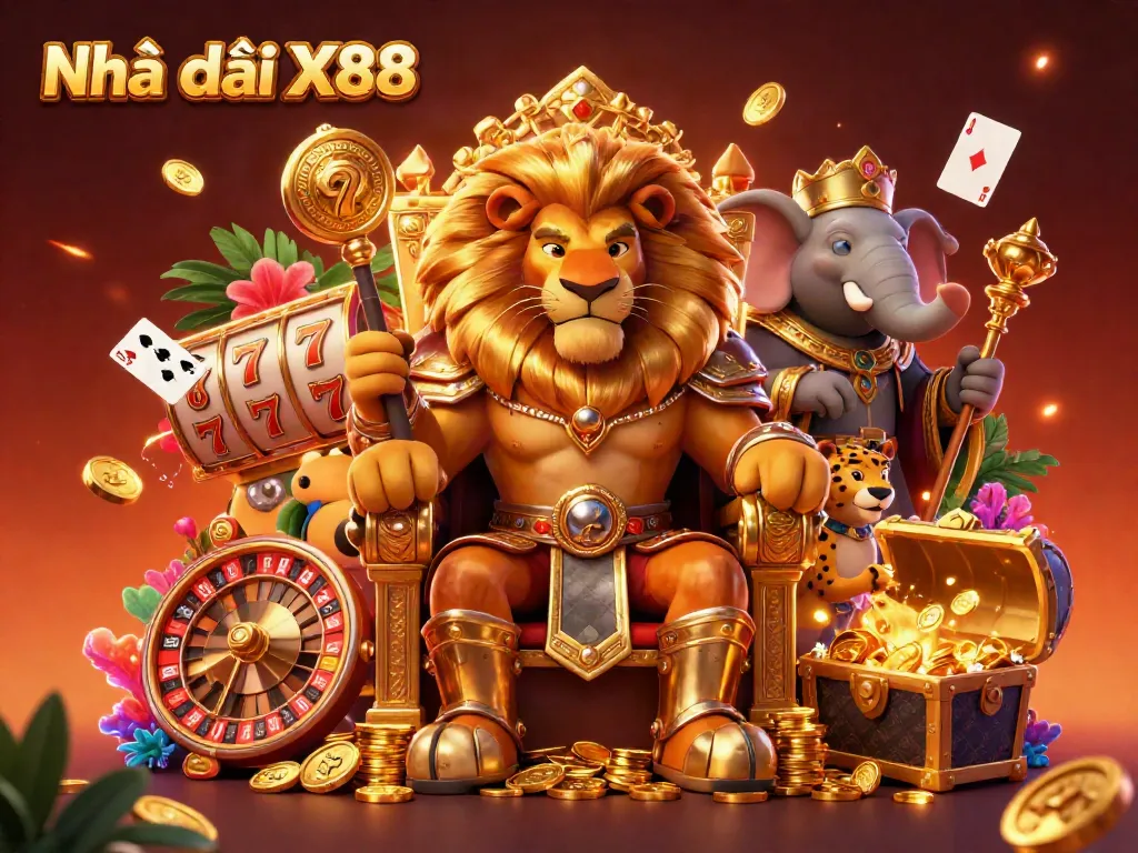 Engage with Nhà cái X88 as the 3D lion king sits on a throne of coins, surrounded by vibrant casino elements.