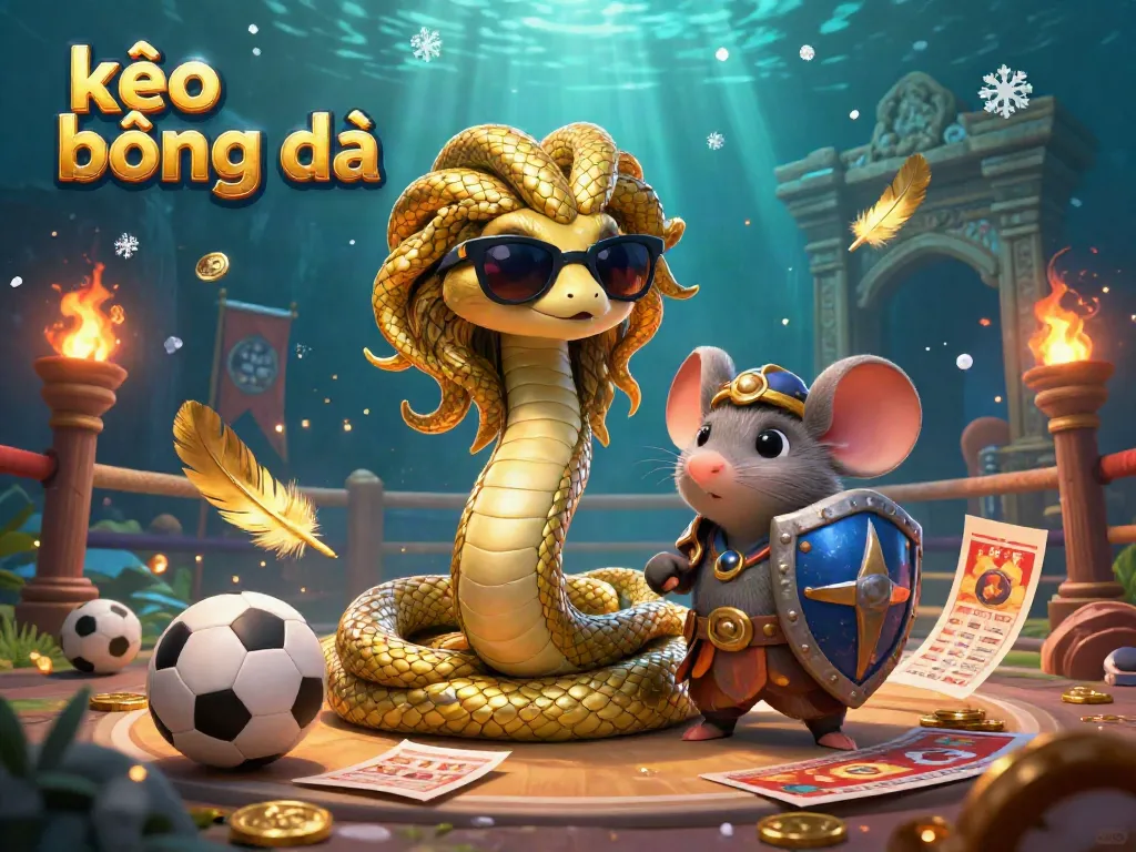 Engage in kèo bóng đá with a cartoon Medusa and warrior mouse at a vibrant sports betting arena.