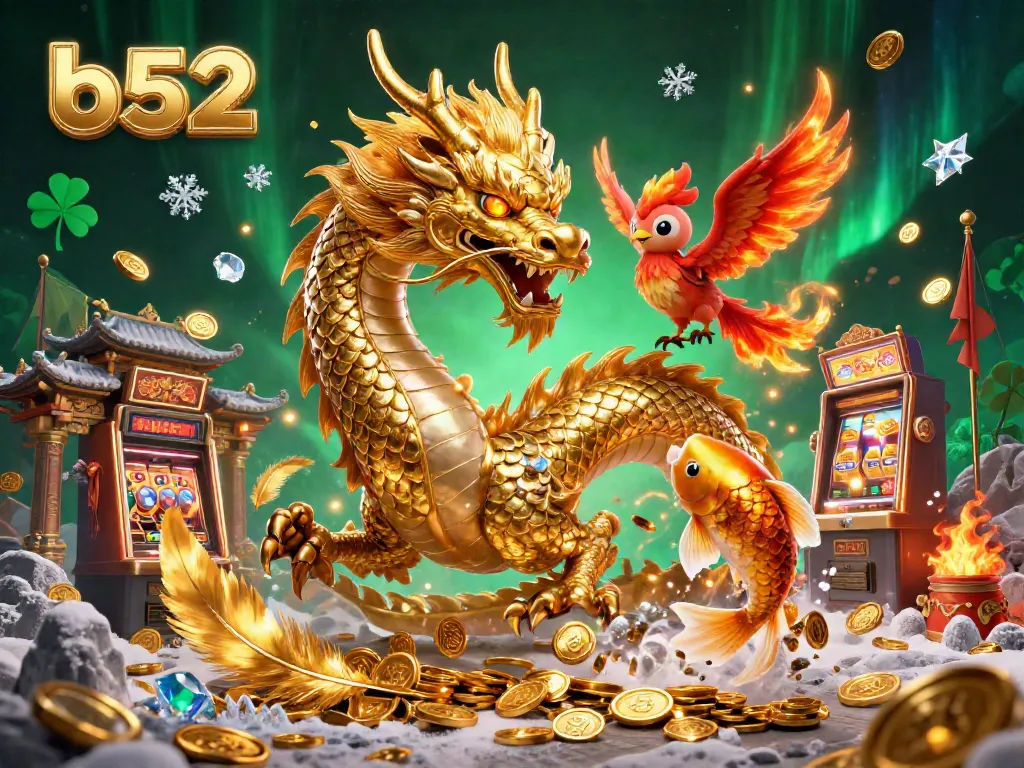 Engage with b52 gaming excitement as a glowing dragon, fiery phoenix, and golden koi fish celebrate jackpot wins.