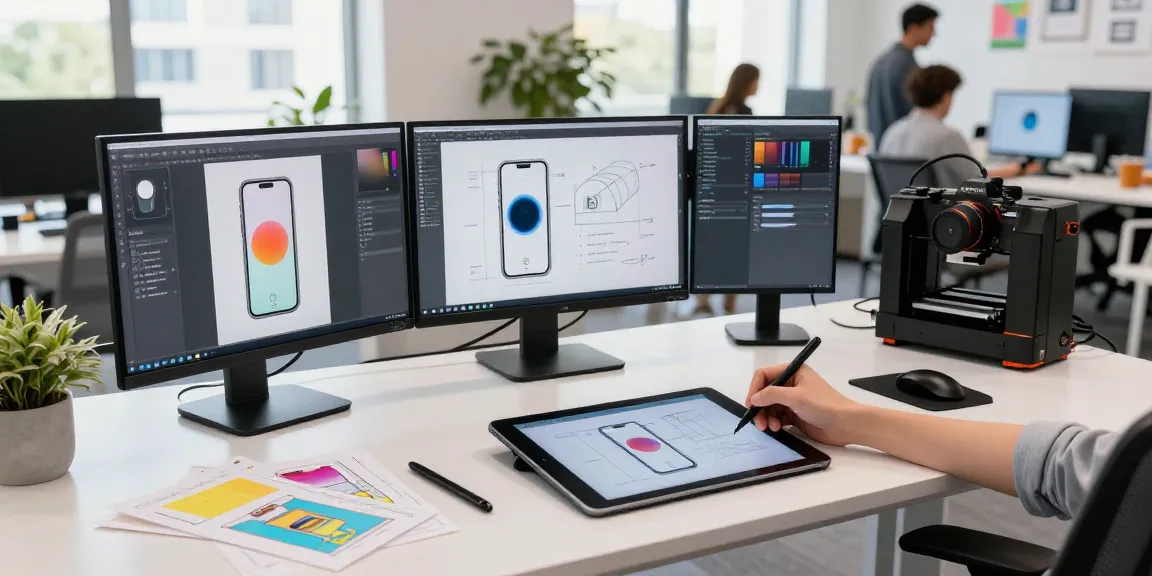 Designer creating a tri-fold phone prototype in a bright office, showcasing innovative tech design.