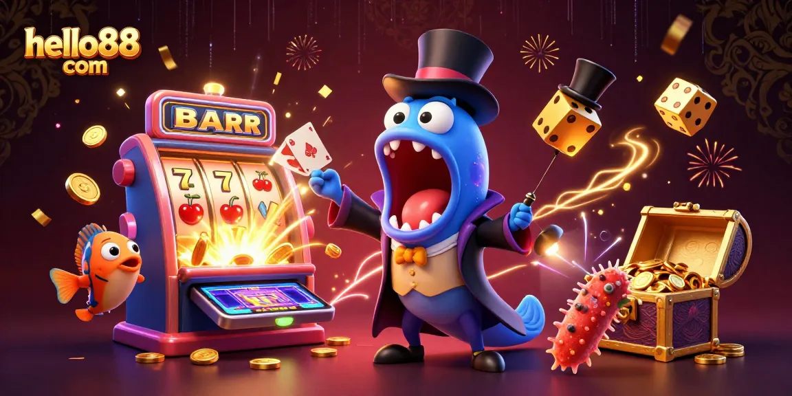 Experience the excitement of hello88 com with vibrant casino games and dynamic characters in action-packed illustration.