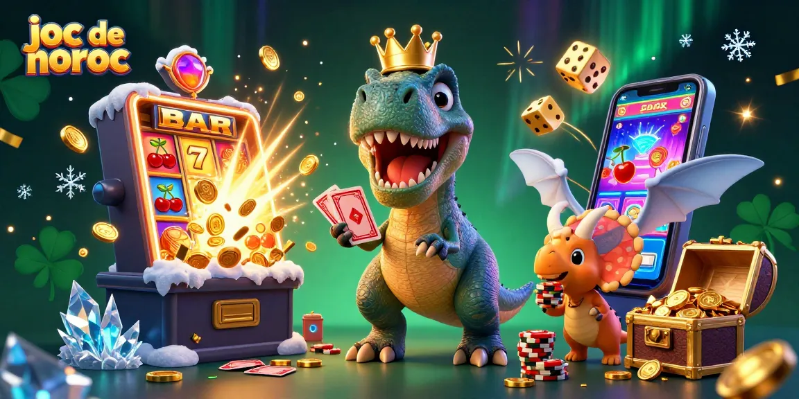 Joacă joc de noroc cu un T-Rex prietenos în iluminatul vibrant al cazinoului
