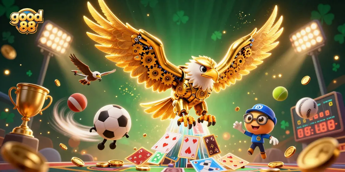 Engage with good 88 casino elements featuring a golden eagle diving through playing cards, surrounded by dynamic sports elements.
