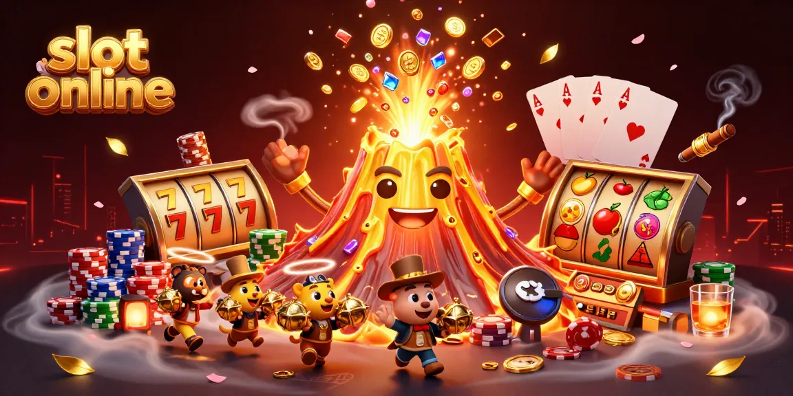 Experience thrilling slot online action with a colorful volcano erupting treasures in a magical casino world.