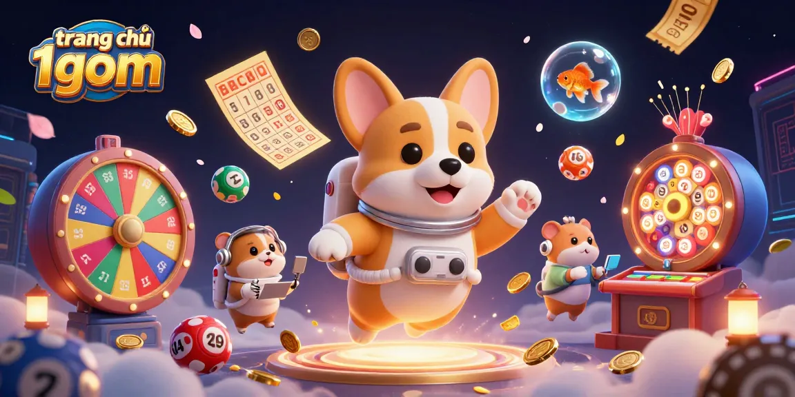 Engage with the vibrant universe of trang chủ 1gom featuring a playful astronaut corgi in a dynamic casino scene.