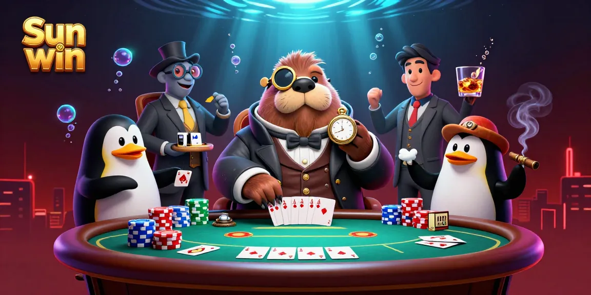 Play poker with a jolly walrus at an underwater table in the Sun win casino scene.