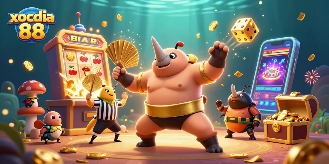 Experience thrilling gaming with xocdia 88 as the sumo champion beetle stomps coins amidst a vibrant casino scene.