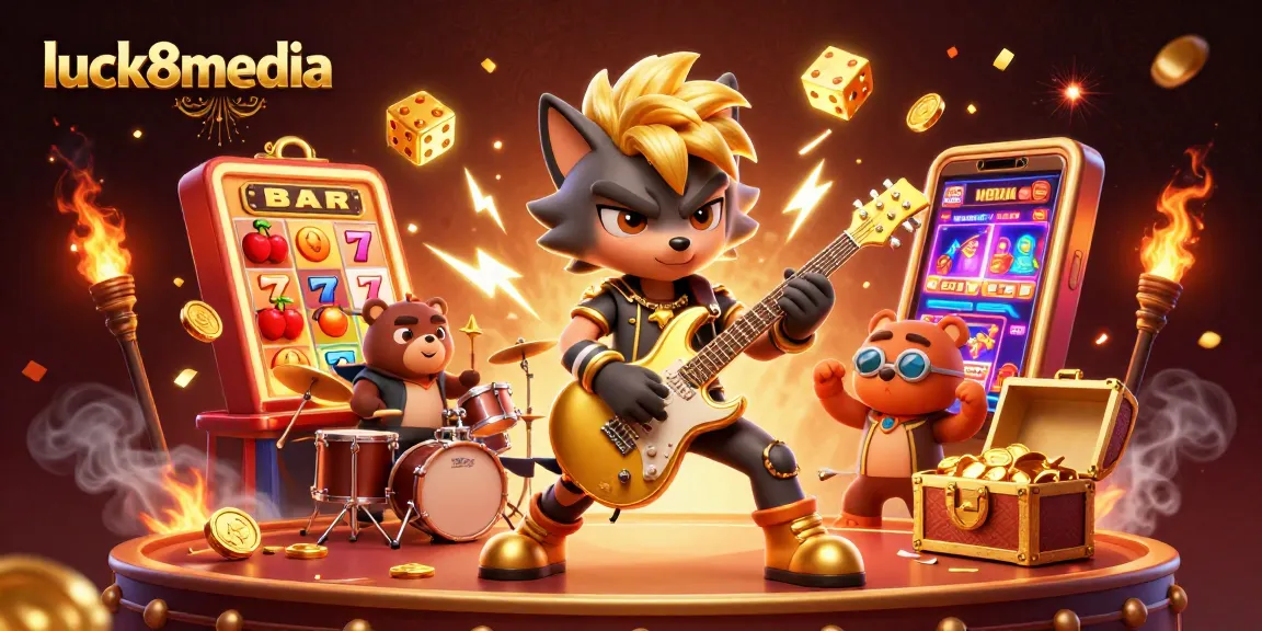 Experience thrill with luck8media at a vibrant casino stage featuring a rock star wolf and drummer bear.