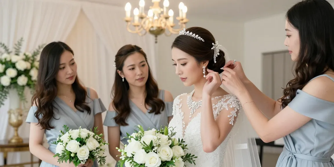 Bridal preparation with bride jewellery set, pearls, crystals, and floral decor.