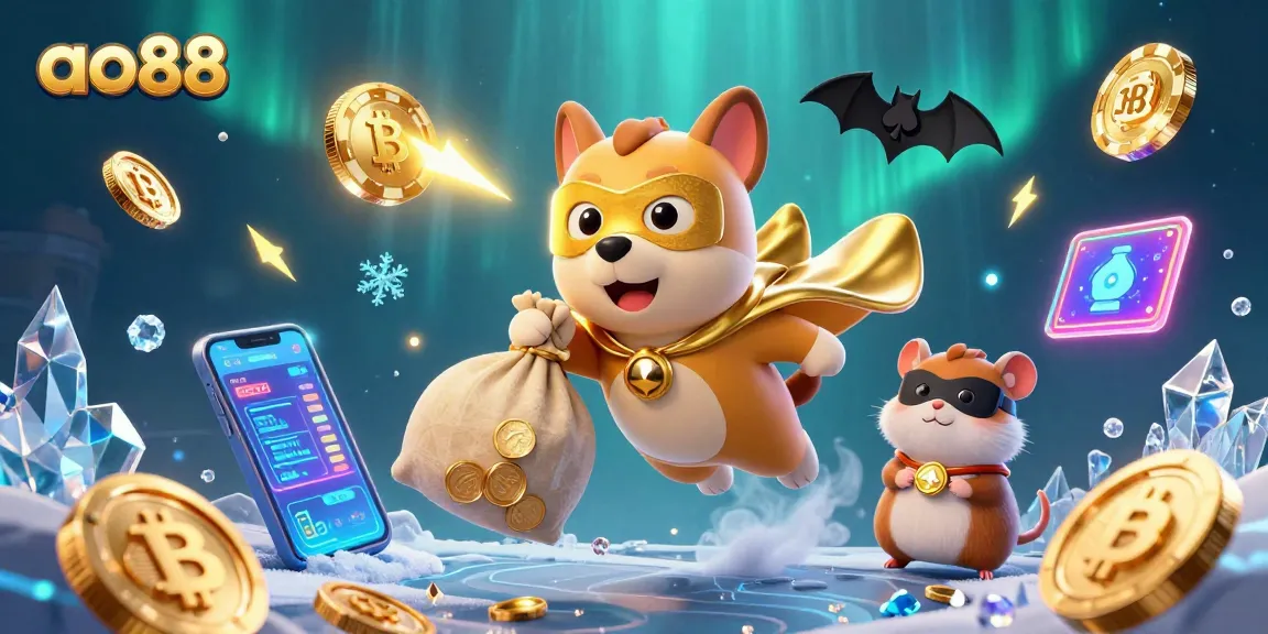 Experience the excitement at ao88 with a colorful, animated scene featuring a superhero dog and hamster amidst vibrant casino-themed elements.