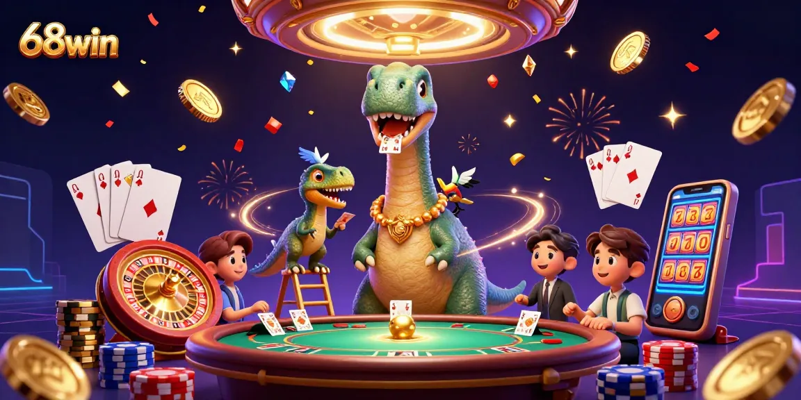 Experience excitement with 68win gaming illustration featuring a brontosaurus and raptor amidst a dazzling casino setup.