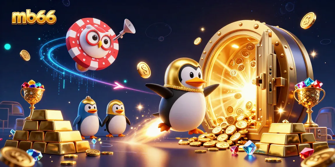 Engage with mb66's thrilling casino adventure featuring a golden penguin pursuing wins among sparkling treasures.