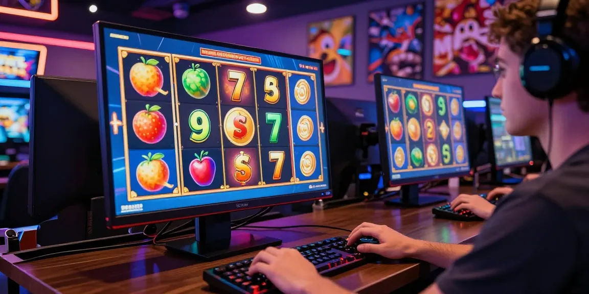 Situs slot deposit 10 ribu gameplay scene with vibrant slot machines and engaged player.
