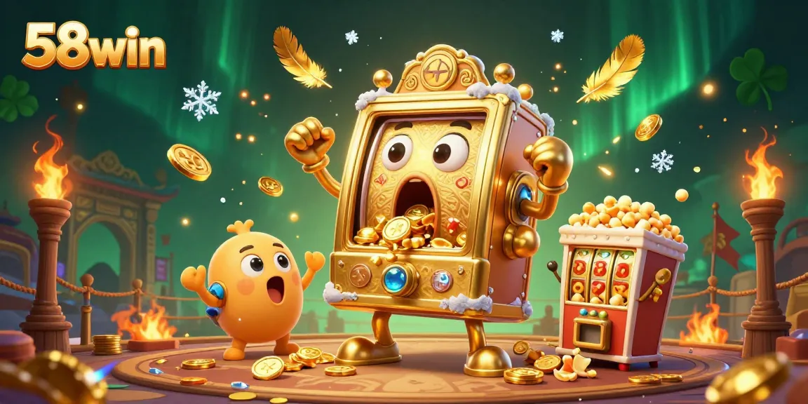 Win big at 58win with a golden slot machine celebrating a jackpot amidst vibrant casino elements.
