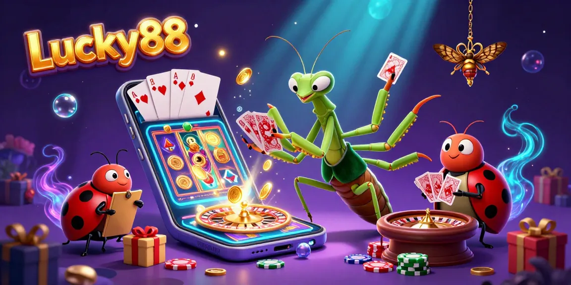 Engaging scene of Lucky88 casino with a mantis dealer and ladybug pit boss in a vibrant setting.