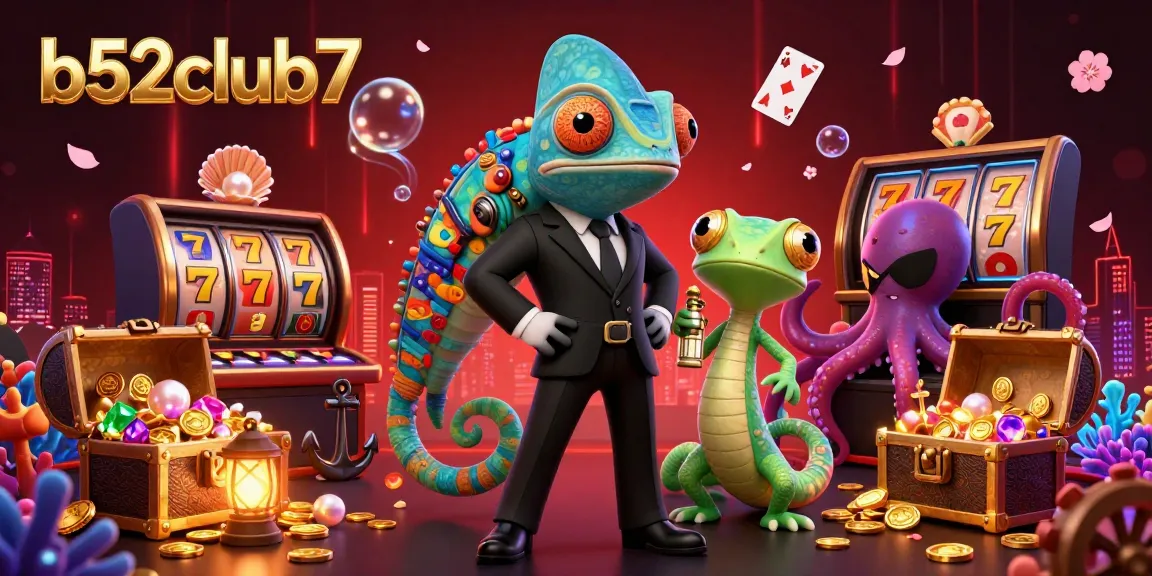 Experience vibrant action at b52club7 with a dynamic casino scene featuring colorful slot reels and animated treasure.