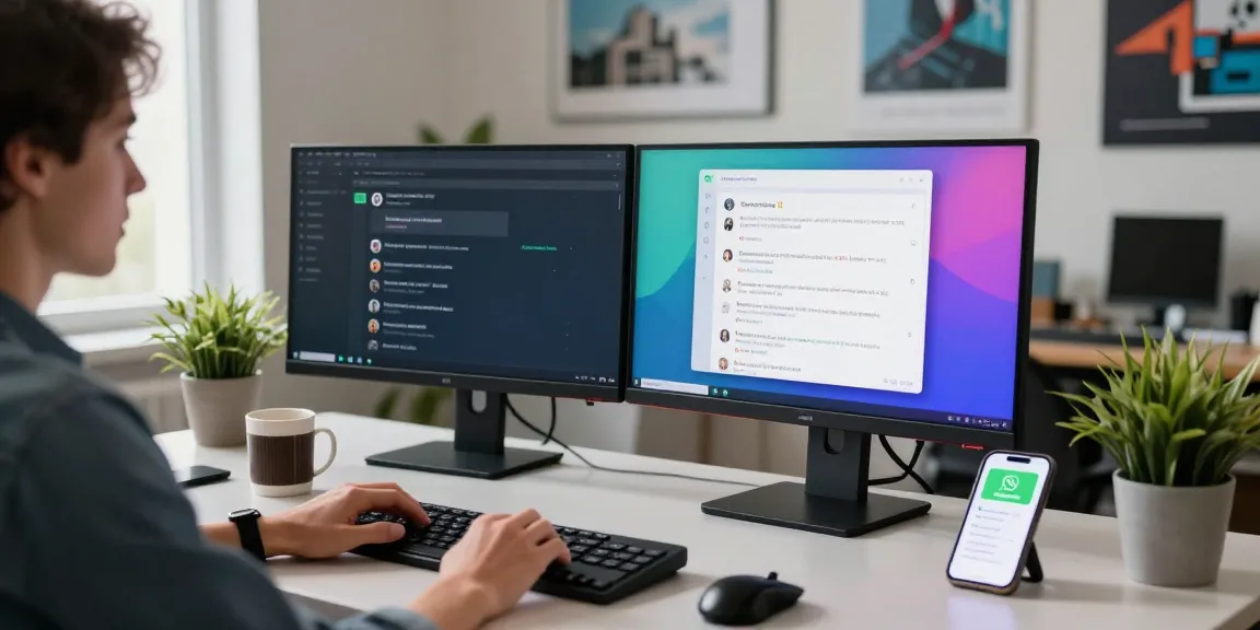 Using WhatsApp電腦版 on a sleek desktop setup with engaging chats and notifications, modern workspace atmosphere.