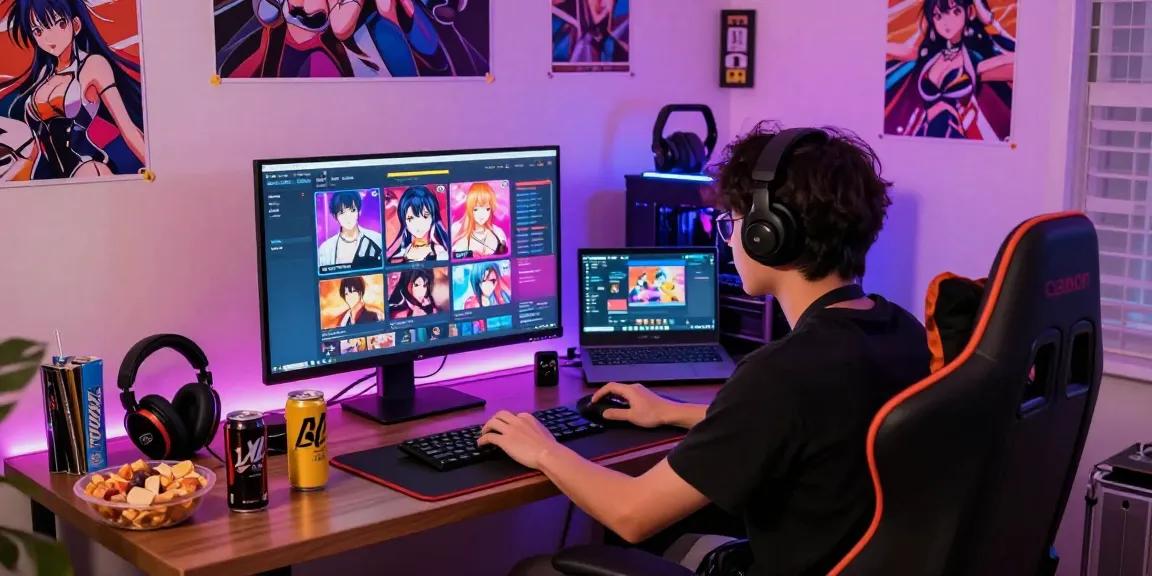 Engaged player enjoying real ecchi games in a colorful gaming setup.