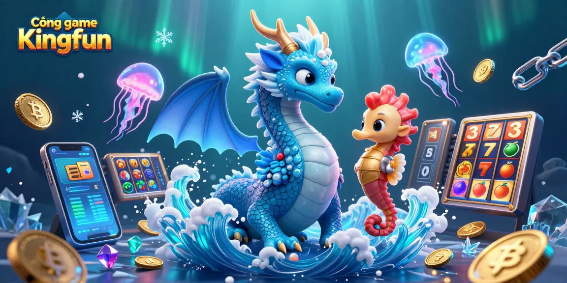 Cổng game Kingfun showcases an azure dragon and seahorse knight amid exciting game elements and glowing coins